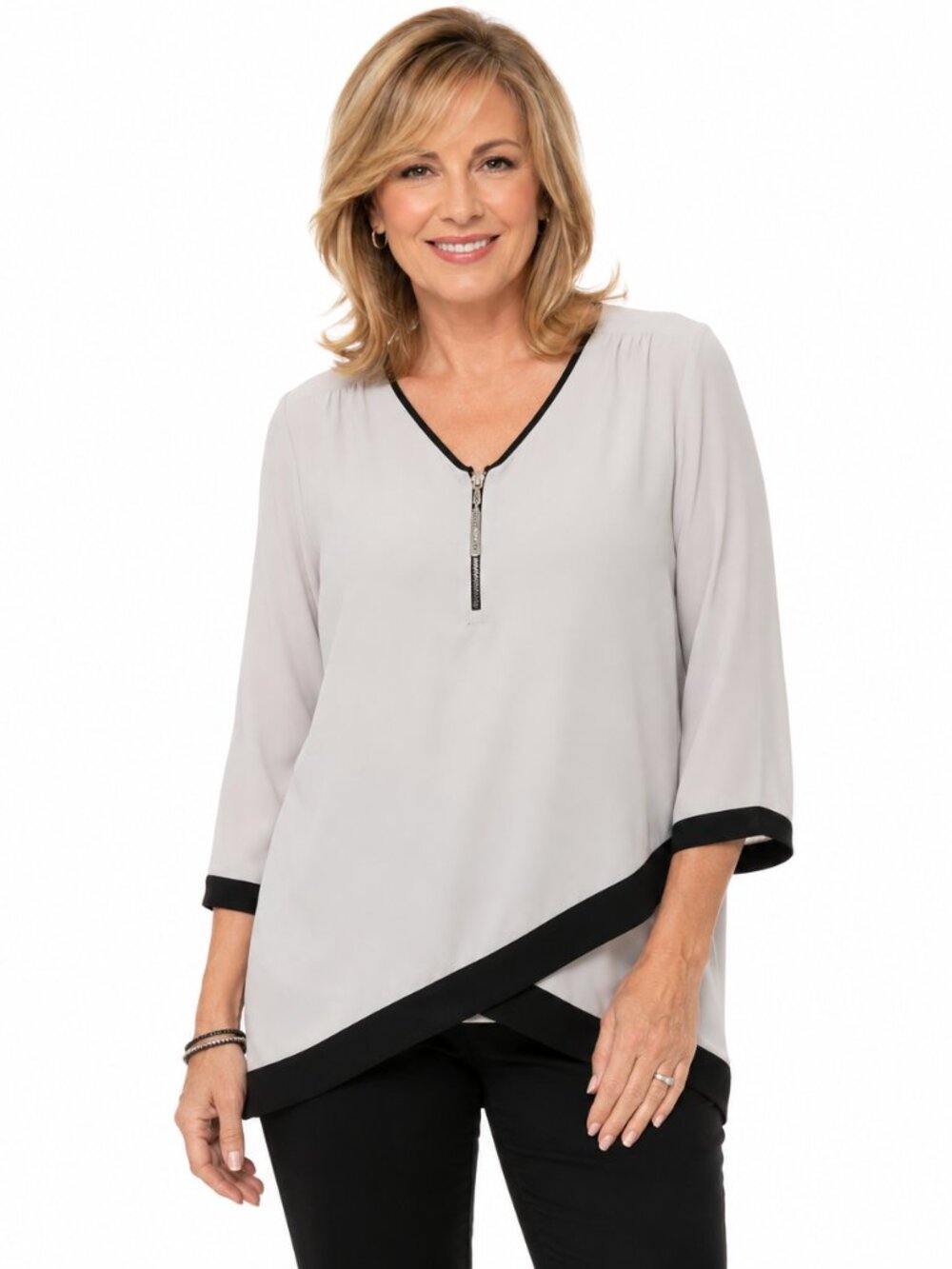 2/$30 Chico’s Gray Black Tunic Top Asymmetrical Hem 3/4 Sleeve Zip Neck Sz 1 (M)